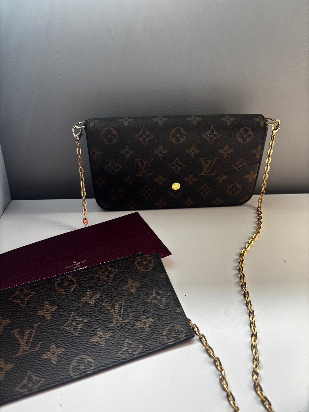 Louis Vuitton Monogram Crossbody Wallet in Brown with Gold Chain